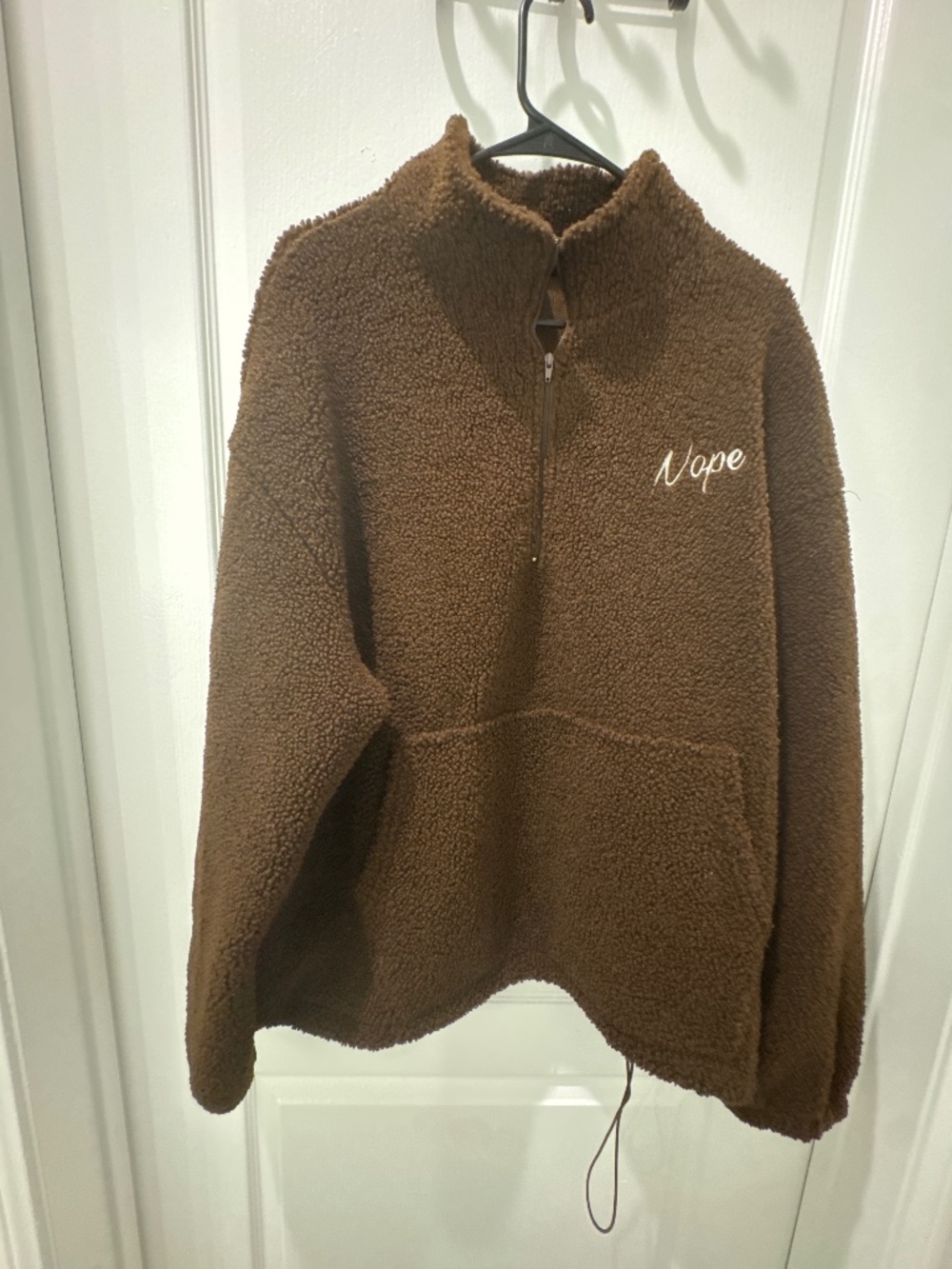 Cider Brown Teddy Fleece Quarter Zip Pullover Size L | “Nope” Embroidery | Y2K